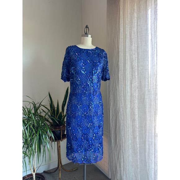 Women’s Medium Royal Blue Sequin Beaded Dress Keyhole Back 80s Glam Vintage - Picture 1 of 4